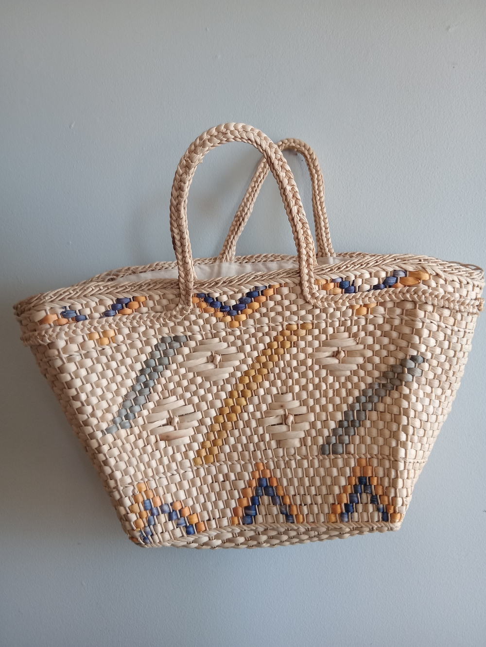 Woven Straw Boho Tote Bag Blue Mustard Accent Beach - Picture 2 of 8